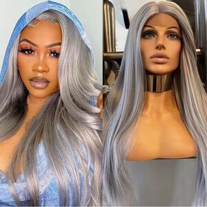 Elegant Silver Gray Women's Wig Long Straight Synthetic Lace Front party cosplay